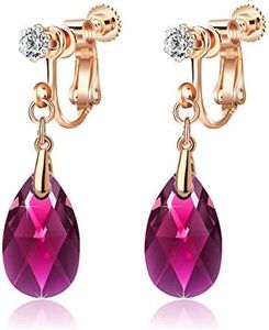 Teardrop Austrian Crystal Drop Clip On Dangle Earrings for Women Non Pierced 14K Rose Gold Plated Hypoallergenic Jewelry, Rose Gold, crystal