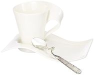 Villeroy & Boch New Wave Cappuccino Set, 6 Pieces, Coffee Cup, Premium Porcelain Saucer, Stainless Steel Spoon for 2 People, Dishwasher Safe, White