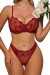 ADSEXY Women's Lace Lingerie Set Chinese Embroidery Sheer Underwire Floral See Through Bra and Panty 2 Piece Push Up, Red, Large