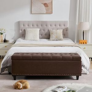Tbfit Long Ottoman with Storage, 50.8" Faux Leather End of Bed Bench with Safety Hinge, Entryway Benches Large Storage Ottoman Bench for Bedroom, Living Room, Holds up to 660 lb(Dark Brown)