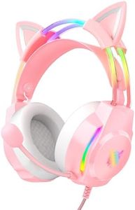 ONITOON Gaming Headset with Cat Ears, RGB Backlight Headphones for PC/PS4/PS5/XBOX/Switch with Noise Cancelling Mic- Virtual 7.1 Surround Sound, Lightweight Design & Auto-Adjust Headband, Pink