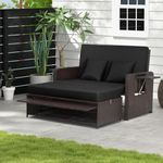 RELAX4LIFE Wicker Patio Outdoor Daybed - Rattan Day Bed Lounger with Loveseat & Storage Ottoman, Sunbed Sofa Set w/Cushions, 4-Level Adjustable Backrest & 2 Retractable Trays, Patio Daybed (Black)