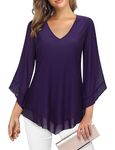 Viracy Dressy Blouses for Women V Neck 3/4 Flared Sleeve Double Layers Elastic Mesh Chiffon Tops for Wedding Guest, Buniess Casual Wear Modlily-Purple, XL