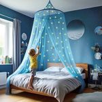 Blue Canopy for Girls Bed with Pre-Glued Glow in The Dark Stars - Princess Mosquito Net Room Decor - Kids & Baby Bedroom Tent with Galaxy Lights - 1 Opening Canopy Bed & Hanging Kit Included