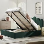 YUHUASHI Full Size Hydraulic Storage Bed, Upholstered Platform Bed, 5-Finger Headboard with Hydraulic Support Bars, Velvet Material, No Box Spring Required, Easy Assembly (Full, Ink Green)