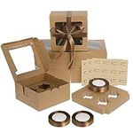 Coolty 30pcs Cupcake Boxes 4 Holes Muffins Desserts Cake Box with 3 Roll Wrapping Ribbon and 3pcs Stickers for Cookies Muffins Cupcakes Desserts Pies (Brown)