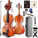AKLOT Handcrafted Flamed Maple Violin: Full Size Glossy Fiddle, Acoustic Advanced 4/4 Violin Kit with Ebony Bow, Solid Wood Shoulder Rest, Lesson Book, Hard Case, Extra Strings, Tuner (VRT-AdvOB)