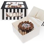 Spec101 Cake Boxes 10 Inch - 10pk Bulk Striped Black and White Pastry Boxes with Clear Window - Disposable Wholesale Take Out Bakery Box for Donuts, Pies, Bundt Cakes, and Cheesecakes