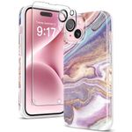 GVIEWIN Marble for iPhone 15 Case, with Screen Protector & Camera Lens Protector, [10FT Military Grade Drop Protection] Slim TPU Phone Case Cover Women for iPhone 15 6.1" 2023, Flowing Sakura/Pink