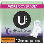 U by Kotex Clean & Secure Ultra Thin Overnight Pads with Wings, 40 Count (Packaging May Vary)