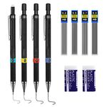 4pcs Mechanical Pencil Set 0.3 0.5 0.7 0.9mm HB Mechanical Pencil Automatic Pencil Retractable Lead Pencil with 4 Lead Refills and 2 Rubbers Mechanical Propelling Pencil for Students Sketching,Drawing