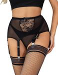 ohmydear Lace Suspender Belt Black Stretchy Garter Belt with 6 Wide Strap Suspenders Women Sexy Garters Set Mesh Suspenders Belt for Stockings Plus Size UK 10-18