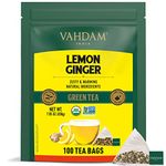 VAHDAM, Lemon Ginger Tea Bags (100 Green Tea Bags) Low Caffeine | Fruity Flavor - Zesty Lemon & Ginger, Orange Peel | Resealable Ziplock Pouch | Brew Hot or Iced Tea