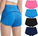 EXARUS 4 Pack Girls Running Athletic Shorts Low Rise Short 2.5" Elastic Waisted Sports Active Dolphin Shorts Side Slit Kid 6-14Y