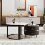 ModernLuxe 2-in-1 MDF Coffee Tables for Living Room, White Round Coffee Table with Marble Top and Black Metal Frame Legs, Black Side Table with 2 Drawers, Modern Nest of Tables for Saving Space