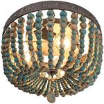 FIRVRE Grey Blue Wood Beaded Chandelier Bohemia Flush Mount Ceiling Light Boho Rustic Farmhouse Ceiling Lamp for Baby's Nursery Entryway Kitchen Girl’s Room Hallway Staircase Island