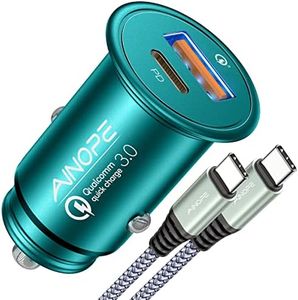 AINOPE 67.5W Car Charger USB C Fast Charging, [Mini & Compact] iPhone 16 Car Charger, Dual Port QC3.0 Cigarette Lighter Adapter USB Charger, Car Charge for iPhone 16 15 Samsung Galaxy Android, Green