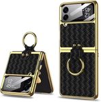 SCALEBEE Electroplated Frame Woven Leather Pattern Back Cover case for Samsung Galaxy Z Flip 4 Anti-Drop Shockproof With Built-in Lens Protection With Ring Holder phone case for Galaxy Z Flip4 (Black)