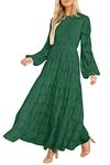 MITILLY Women's Elegant Floral Long Sleeve Round Neck Smocked A-Line Flowy Tiered Maxi Dress with Pockets, Dark Green, X-Large