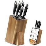 Navaris Wooden Kitchen Knife Block with Holder - Holds a Chopping Board, Phone or Tablet - Acacia Angled Design, 12.5 x 18.7 x 26.2 cm (4.9" x 7.4" x 10.3")