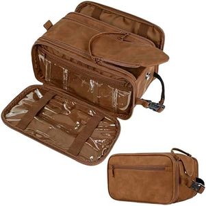 PAVILIA Toiletry Bag for Men Women, Mens Travel Bag Toiletries Organizer Case for Grooming, Travel Essentials Shaving Dopp Kit, PU Leather Water Resistant Cosmetic Pouch, Brown