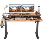 FEZIBO Height Adjustable Electric Standing Desk with Double Drawer, 140 * 60cm Stand Up Table with Storage Shelf, Sit Stand Desk with Splice Board, Black Frame/Rustic Brown Top