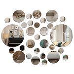 JTOOYS Mirror Wall Stickers, 30Pcs Round Removable 3D Mirror Wall Stickers Decor Art Circle Self Adhesive DIY Wall Mirror Decals for Living Room Kitchen Bedroom Office TV Background