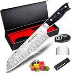 MOSFiATA 7" Super Sharp Chef Knife, Professional Cook Kitchen Knife Japanese Santoku Knives German High Carbon Stainless Steel EN1. 4116 with Finger Guard, Knife Sharpener, Micarta Handle and Gift Box