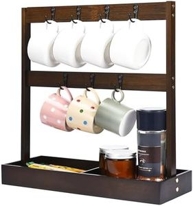 REGAL TRUNK & CO. Coffee Mug Holder for Countertop - 7-Cup Wooden Rack - Kitchen Organizer Stand for Mugs, Cups, Coffee Essentials - Stylish Display Shelf with Hooks - 17Hx17Lx6W