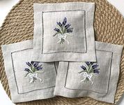 Hand embroidered lavender sachet bag wheat embroidery natural linen 6"x6", set of 3