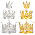 AIEX 6 Pcs Crown Cake Toppers, 3 Sizes Rhinestone Crown Topper Birthday Cake Topper Faux Pearl Mini Crown for Birthday Wedding Princess Cake Decor (Gold, Silver)