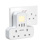 Double Plug Adaptor with USB (1USB-C, 2 USB-A), MSCIEN Plug Extender with Night Light Multi Plug Adaptor, White Plug Adaptor, Plug Adapter UK for Home, Office, Dorm Plug Adapter with USB