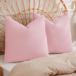 PHF 100% Cotton Waffle Weave Euro Shams 26"X26", No Insert, 2 Pack Elegant Home Decorative Euro Throw Pillow Covers for Bed Couch Sofa, Pink