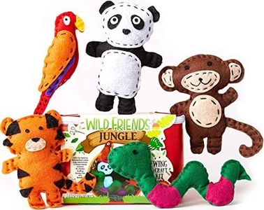 Bryte Jungle Animals Sewing Kit for Kids: A Fun DIY Arts & Crafts Experience with 5 Pre-Cut Felt Animals, Needles, Thread, Instructions & More - For Kids Age 7+ - Great Gift For Birthdays and Holidays