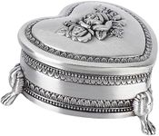 Heart Shape Vintage Metal Jewelry Box, Classic Metal Antique Ring Box, Trinket Storage Organizer Chest with Antique Flower Carved, Christmas Earrings Box for Girl, Silver