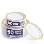 MATANA 120 Premium White Plastic Plates with Gold Lace Rim - 60 26cm Dinner Plates, 60 19cm Dessert Plates - Elegant & Reusable Party Tableware for Weddings, Birthdays, BBQ, Parties