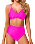 Holipick Women High Waisted Bikini Set Two Piece Swimsuits Push up Wrap Swim Suits Top Tummy Control Bathing Suit, Hot Pink, X-Small