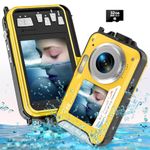 4K 11FT Underwater Camera Waterproof Camera with 32GB Card 56MP Autofocus Selfie Dual-Screen Cameras for Snorkeling Compact Digital Camera 1250mAh Battery (Yellow)