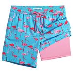 MaaMgic 7" Mens Swim Shorts with Compression Liner 4-Way Stretch Bathing Suit Swimming Shorts with Pockets,Hawaiian Flamingo,S