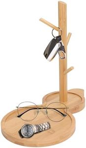 Cyrank Plateau à clés en bois pour table d'entrée, petit porte-bague en bois, plateau à bijoux avec 3 supports suspendus, organisateur pour bracelets et montres