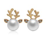 RUVEE Reindeer's of Santa Crystal Stones White Pearl Stud Alloy Earrings for Women (Gold Plated)