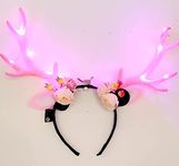 Designer Antlers LED Headband for Women and Girls - Halloween, Diwali Christmas Light Up Elk Hair Bands with Flower Clips - Perfect Party Decorations Hair Accessory