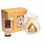 Pure Source India Ceramic Aroma Gift Set with 10 Ml Relaxing Aroma Oil and 4 Tea Candles, White