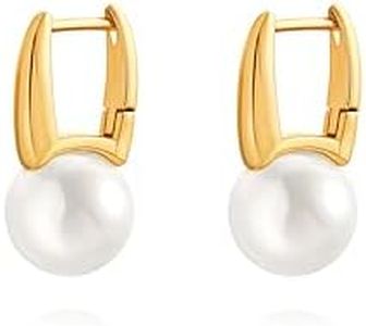 18k Gold Pearl Drop Earrings for Women, Square Hoop Earrings with 12mm Shell Pearl, Dainty Wedding Jewelry for Bridal