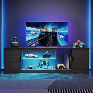 Bestier LED Gaming TV Stand for 70/75/80 inch TV, Large Entertainment Center with Storage Cabinet for PS5, Adjustable Glass Shelf TV Console for Living Room Bedroom, Black Carbon Fiber