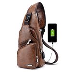 Chest Bags for Mens/Women Anti-Theft Sling Shoulder Backpack PU Leather Crossbody Sling Purse with USB Charging Port for Business Casual Travel Sport(Chest Sling Bag for Light Brown)