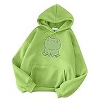 Dreamlascar Cute Frog Print Fleece Hoodie Womens Teen Girls Long Sleeve Casual Pullover Sweatshirt Tops Kawaii Clothes, Green, Medium