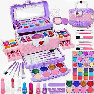 10 Pcs Kids Makeup Kit for Girls, Princess Real Washable Pretend Play Cosmetic Set Toys with Mirror, Non-Toxic & Safe, Birthday Gifts for 3 4 5 6 7 8 9 11 Years Old Girls Kids (Purple)