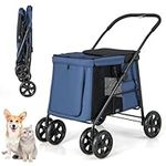 COSTWAY Pet Stroller, One-Button Folding Dog Pushchair Cat Buggy with 3 Entrances, Storage Pockets, Safety Strap, 4 Wheels Pet Travel Carrier for Small & Medium Dogs Cats (Blue)