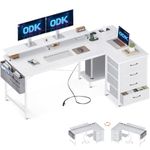 ODK Corner Desk with Drawers, L Shaped Computer Desk with USB Charging Port & Power Outlet, Home Office Desk with Monitor Stand and PC Stand, 160x80cm Gaming Desks Workstations, White